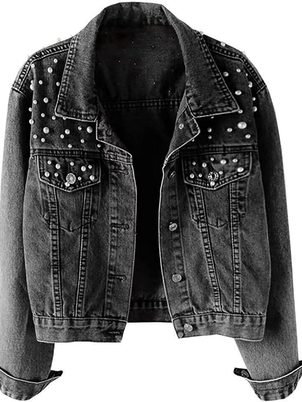 Women Loose Embroidered Pearls Beading Cropped Denim Jacket Jean Coat